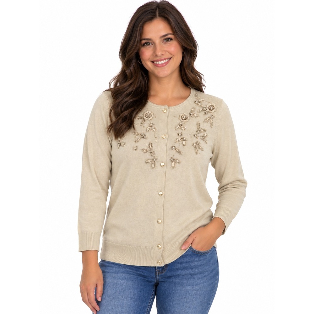 Ann Taylor Silk Cashmere Blend Embroidered Beaded Cardigan Beige XS Vtg